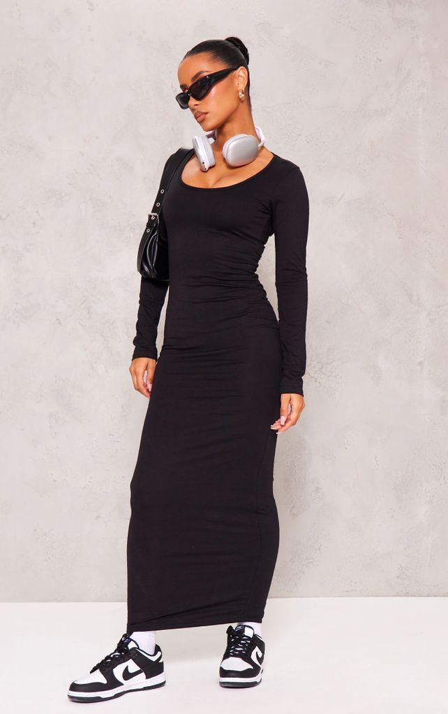 Black Cotton Scoop Neck Long Sleeve Midaxi Dress, Black