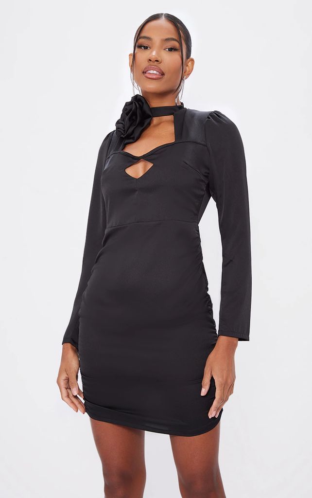 Black Satin Rose Applique Ruched Side Long Sleeve Mini Dress, Black