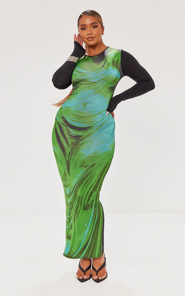 Shape Green Slinky Body Print Long Sleeve Maxi Dress, Green