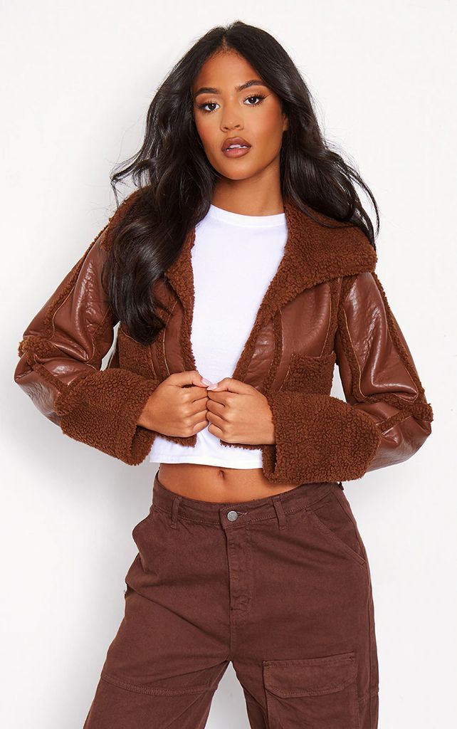 Tall Chocolate Borg And PU Panelled Cropped Jacket, Chocolate