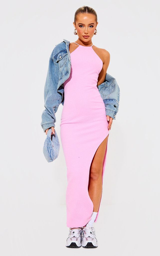Bright Pink Ribbed Strappy High Neck Midaxi Dress, Bright Pink