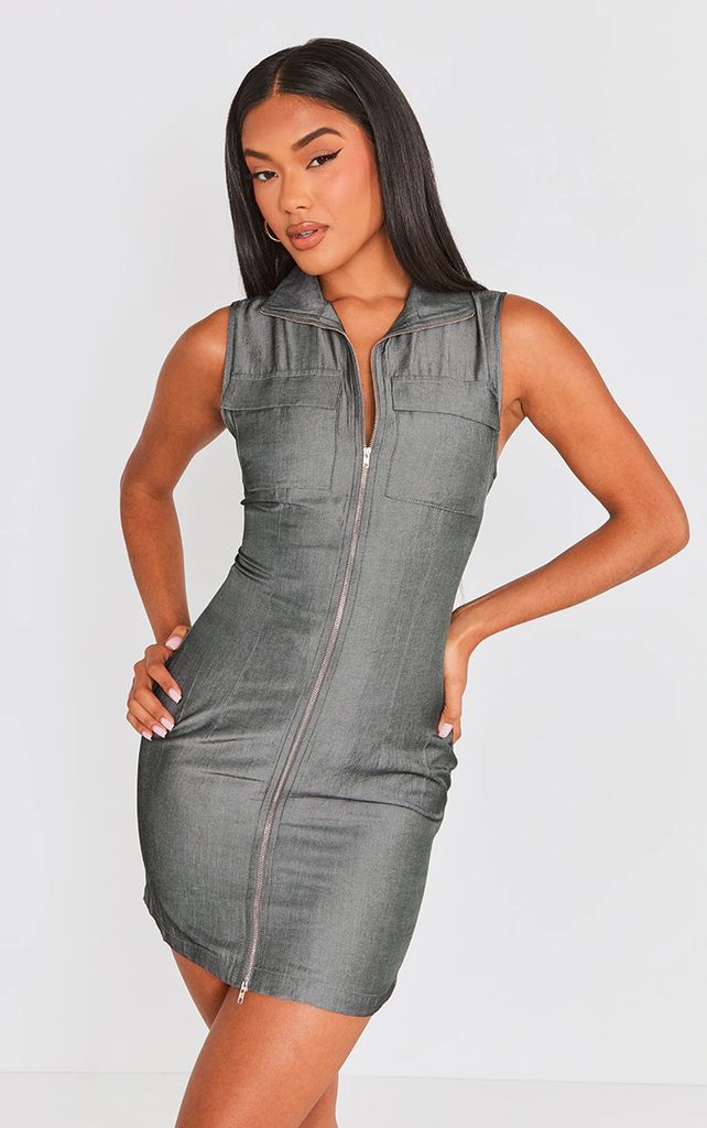 Charcoal Grey Textured Pocket Zip Up Bodycon Dress, Charcoal Grey
