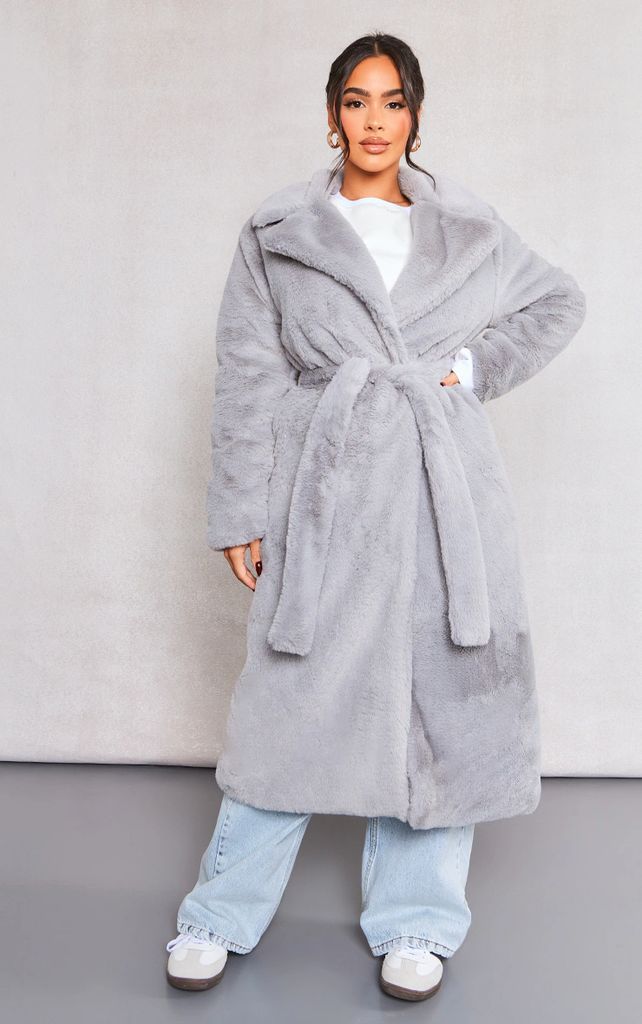 Petite Light Grey Belted Faux Fur Coat, Grey