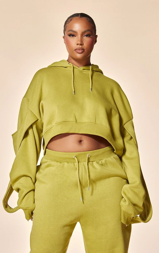 PLT Label Plus Moss Green Strap Detail Cropped Hoodie, Moss Green