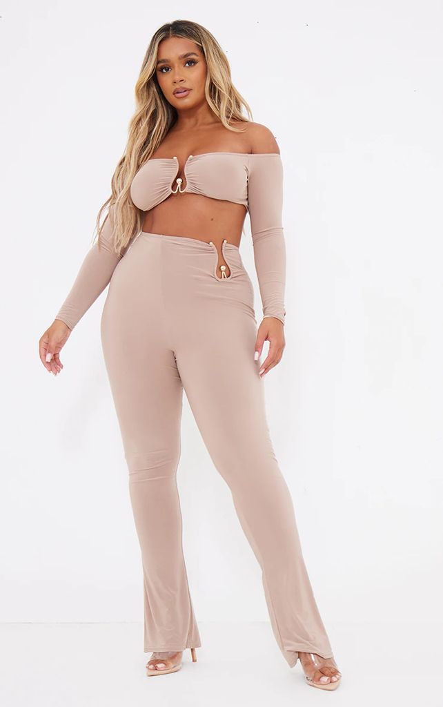Shape Taupe High Waisted Ring Detail Flare Leggings, Brown