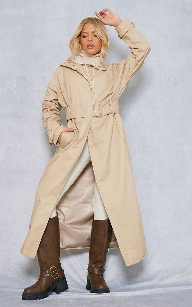 Stone Belted Cuff Detail Trench Coat, White
