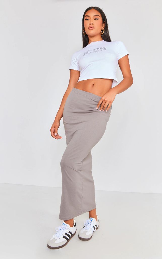 Charcoal Basic Cotton Blend Jersey Midi Skirt, Grey