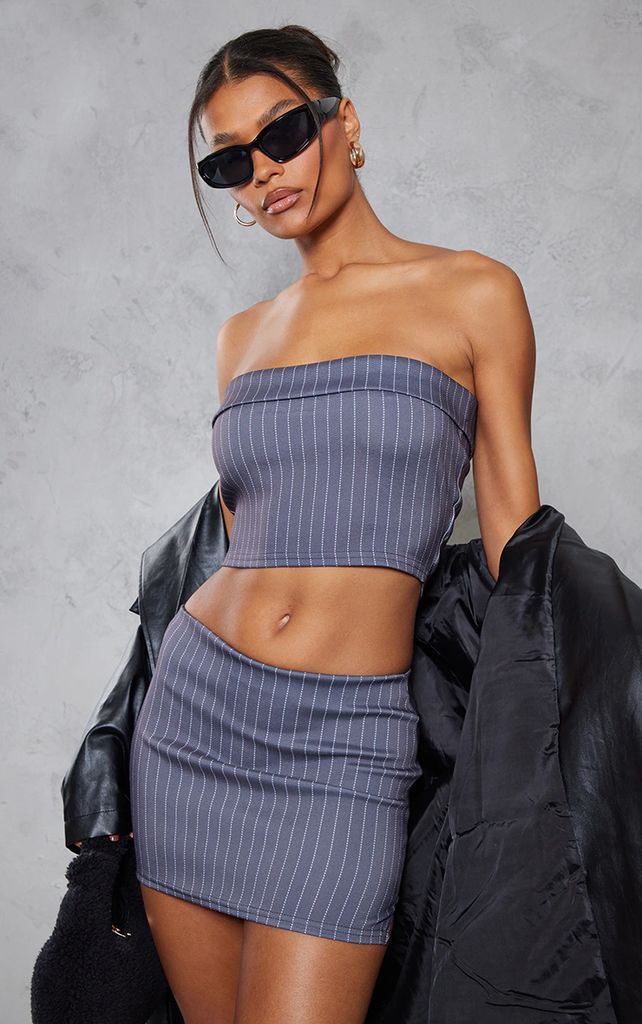 Charcoal Pinstripe Stretch Woven Fold Over Detail Bandeau Top