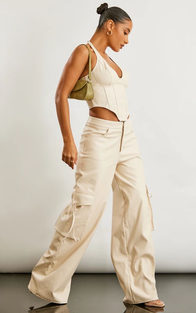 Stone Faux Leather Wide Leg Cargo Trousers, White