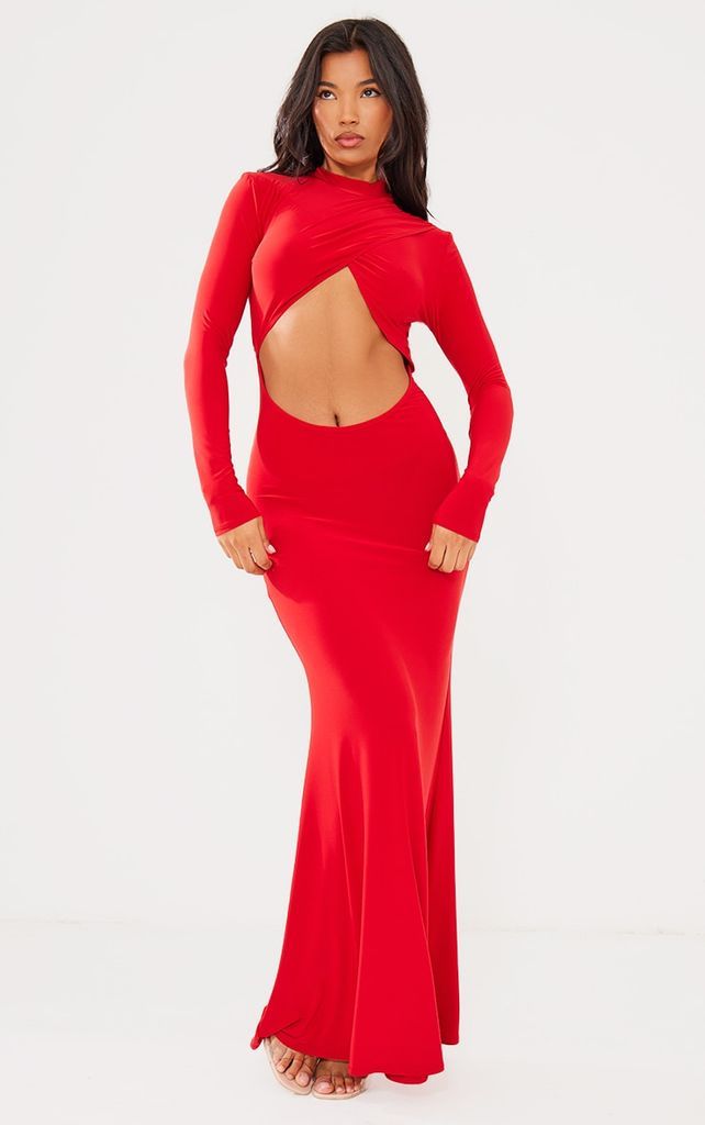 Red Cut Out Detail High Neck Maxi Dress, Red