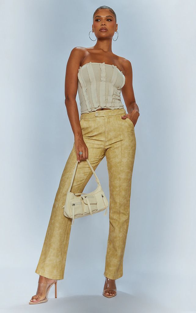 Premium Mustard Washed Faux Leather Pintuck Detail Straight Leg Trousers, Mustard
