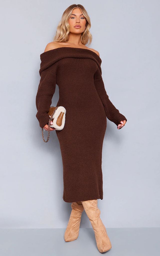 Chocolate Fold Over Rib Knit Maxi Dress, Chocolate