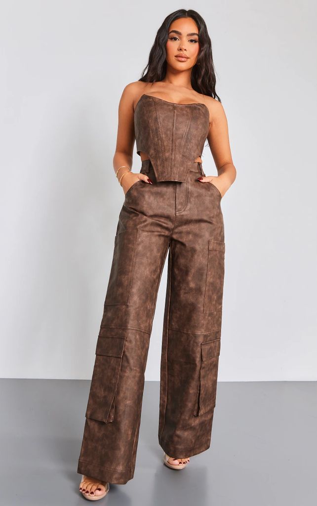 Petite Washed Brown Faux Leather Pocket Detail Trousers, Washed Brown