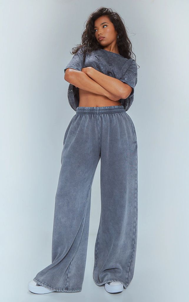 Charcoal Oversized Wide Leg Washed Joggers, Grey