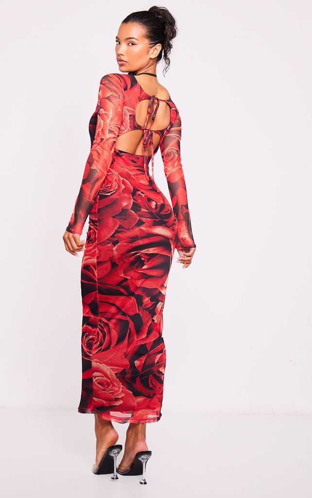 Red Floral Tie Cut Out Back Long Sleeve Midaxi Dress, Red