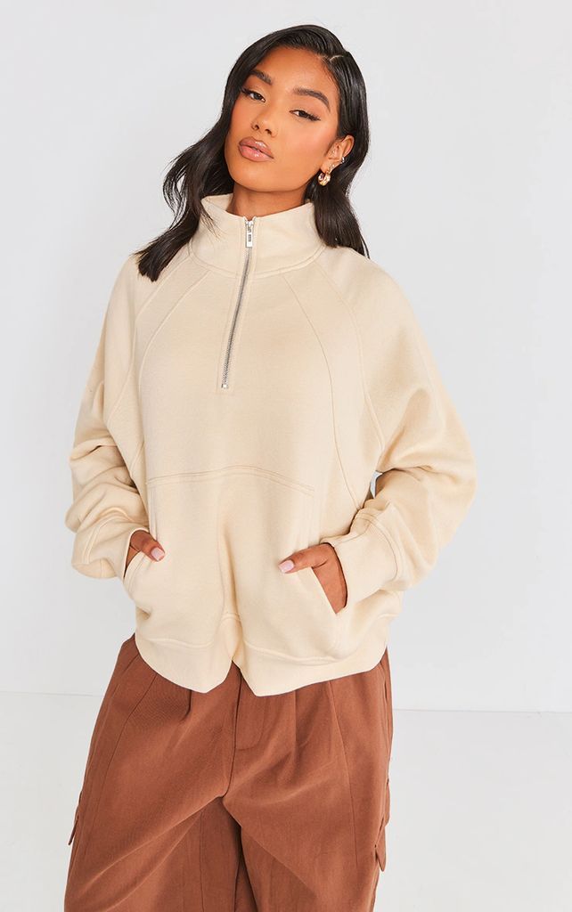 Cream Panel Detail Zip Up Pocket Sweatshirt, Deep Stone