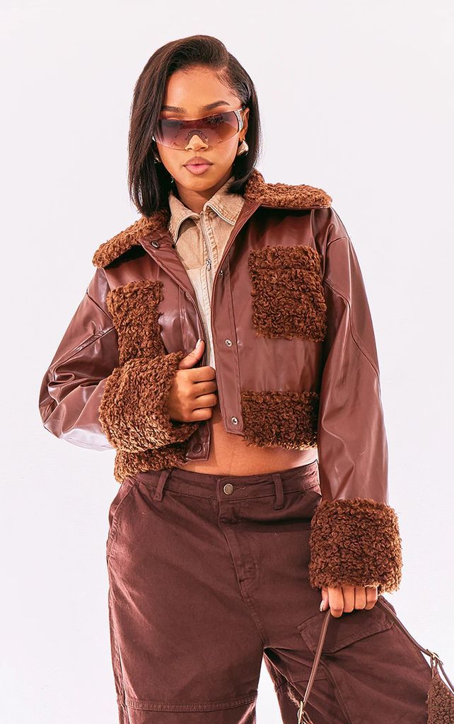 Chocolate Borg Pocket Front Faux Leather Cropped Coat, Chocolate