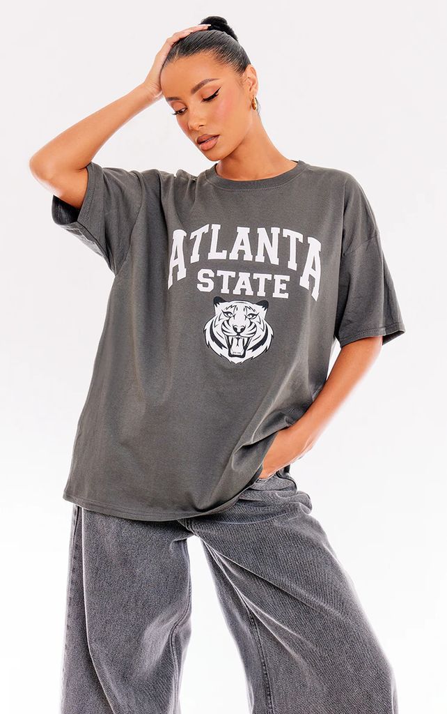 Charcoal Atlanta State Print Oversized T Shirt, Grey