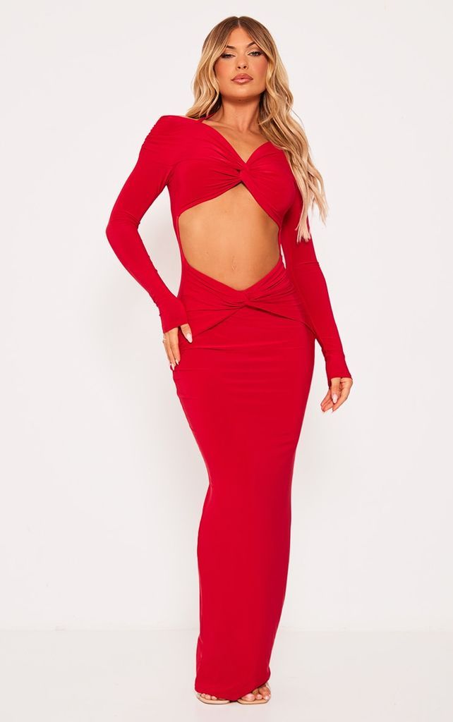 Red Slinky Bardot Twist Detail Cut Out Maxi Dress, Red
