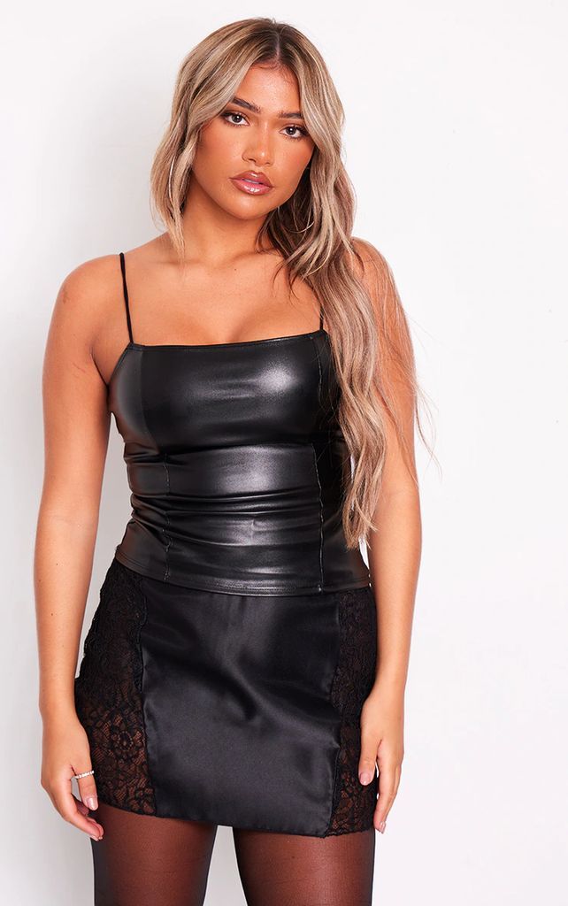 Black Faux Leather Strappy Cami Top, Black