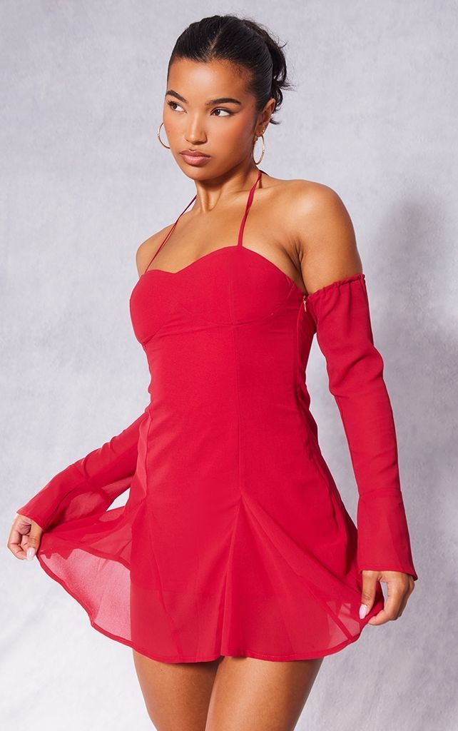 Cherry Red Chiffon Sleeve Detail Frill Hem Shift Dress, Cherry Red