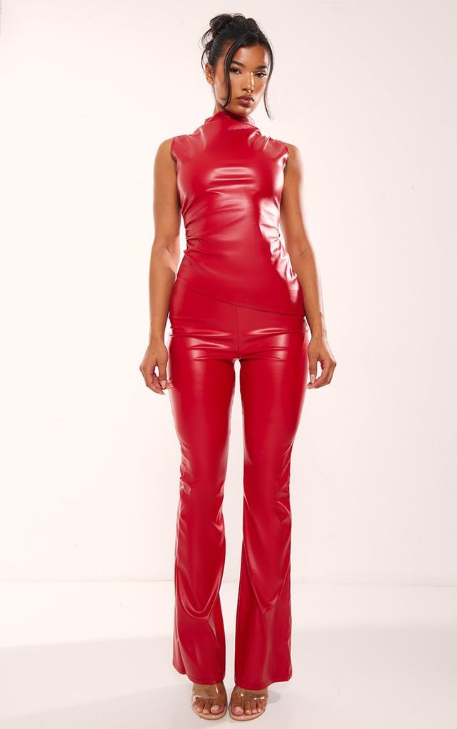 Red Faux Leather Skinny Flared Trousers, Bright Red