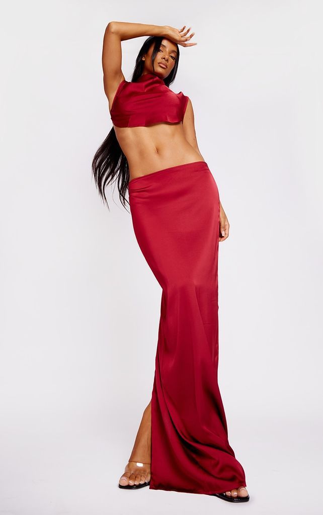 Cherry Red Satin Mid Rise Maxi Skirt, Cherry Red