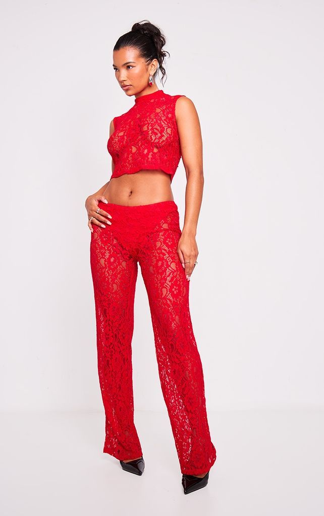 Red Sheer Lace High Waisted Flared Trousers, Red