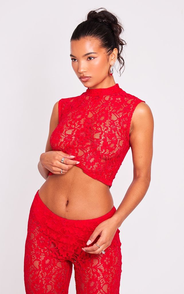 Red Sheer Lace High Neck Sleeveless Top, Bright Red