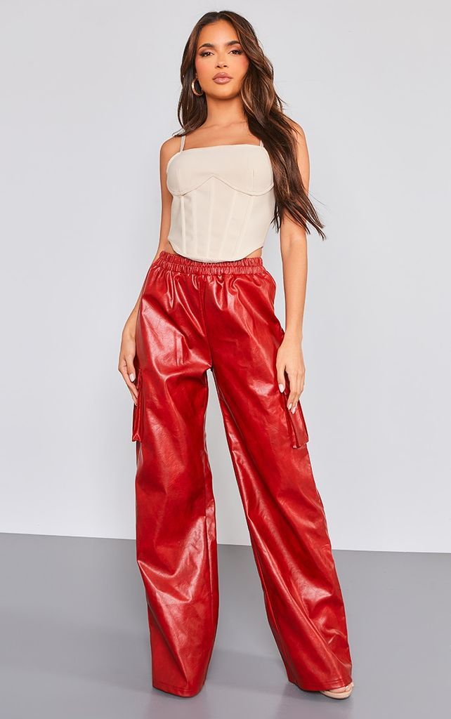 Cherry Red Washed Faux Leather Wide Leg High Waisted Cargo Trousers, Cherry Red