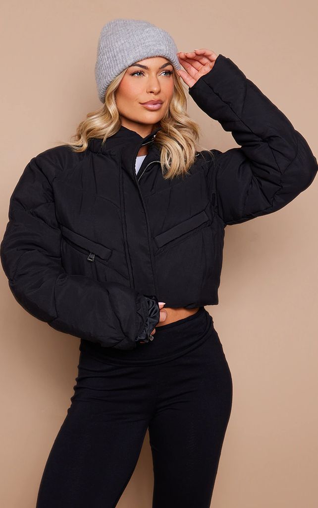 Black Peached Shell Zip Front Oversized Cropped Puffer Jacket, Black