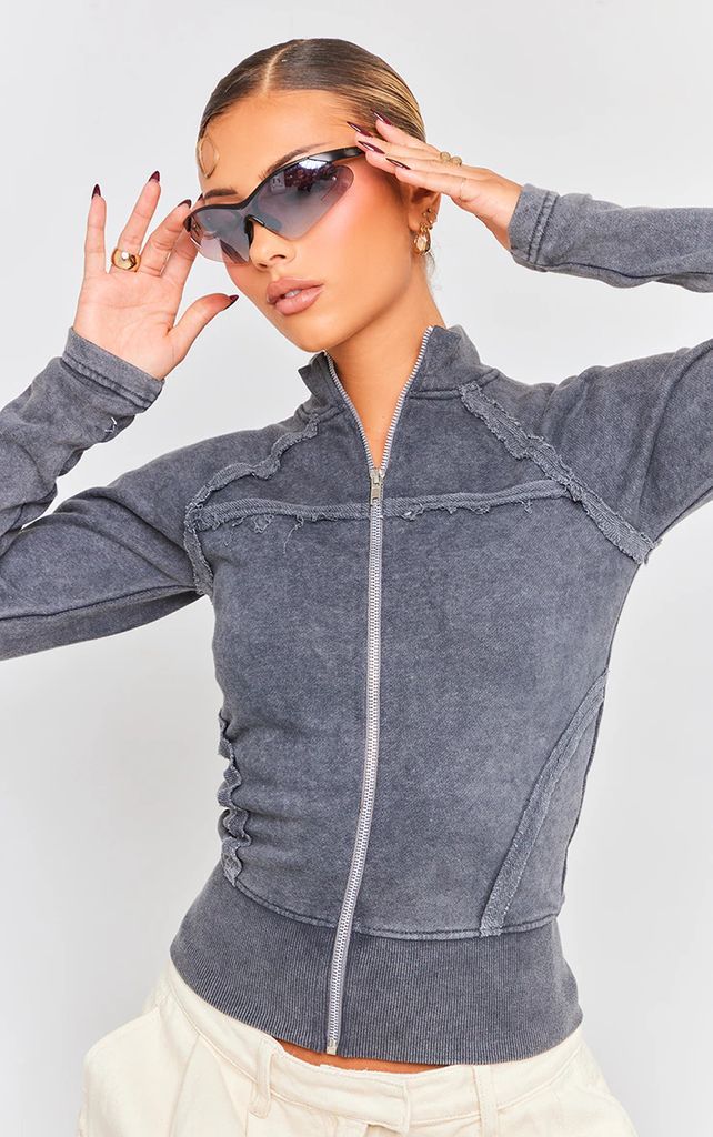 Charcoal Washed Zip Up Exposed Detail Fitted Sweatshirt, Grey
