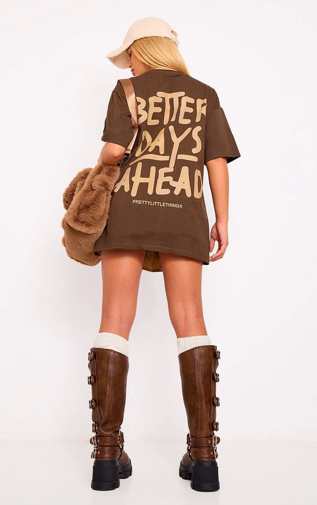 Mocha Washed Better Days Ahead Oversized T Shirt, Brown