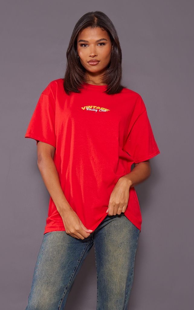 Red Vintage Racing Club Print T Shirt, Red