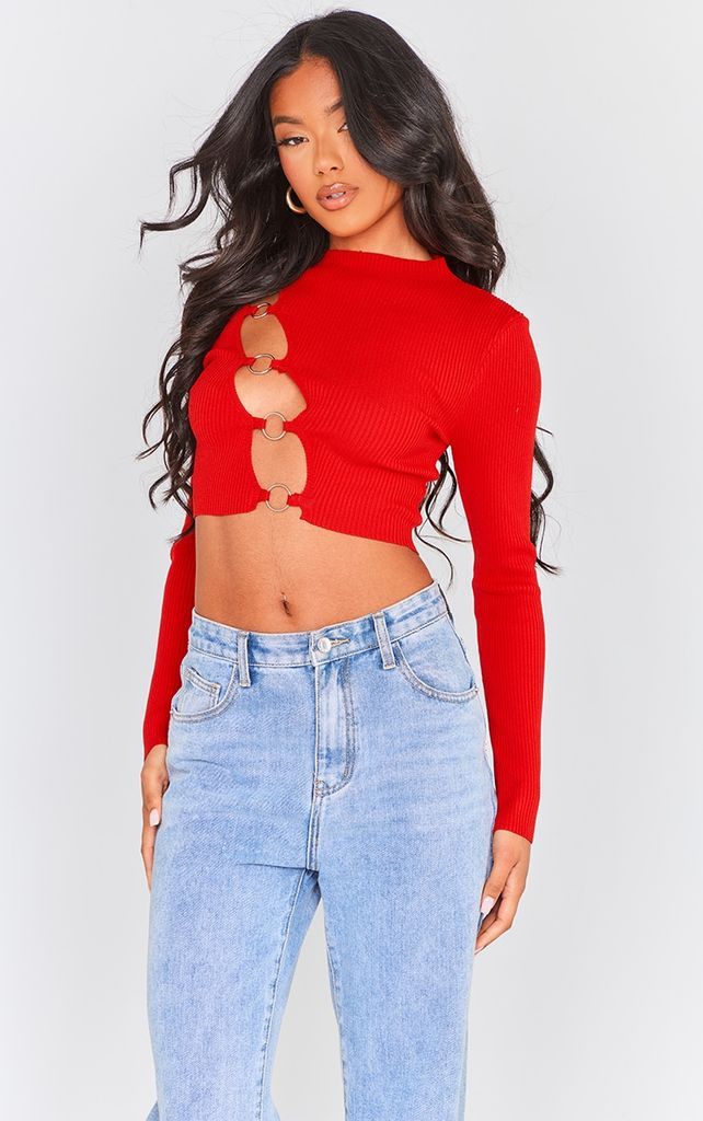 Cherry Red Ring Front Cut Out Long Sleeve Knit Top, Cherry Red