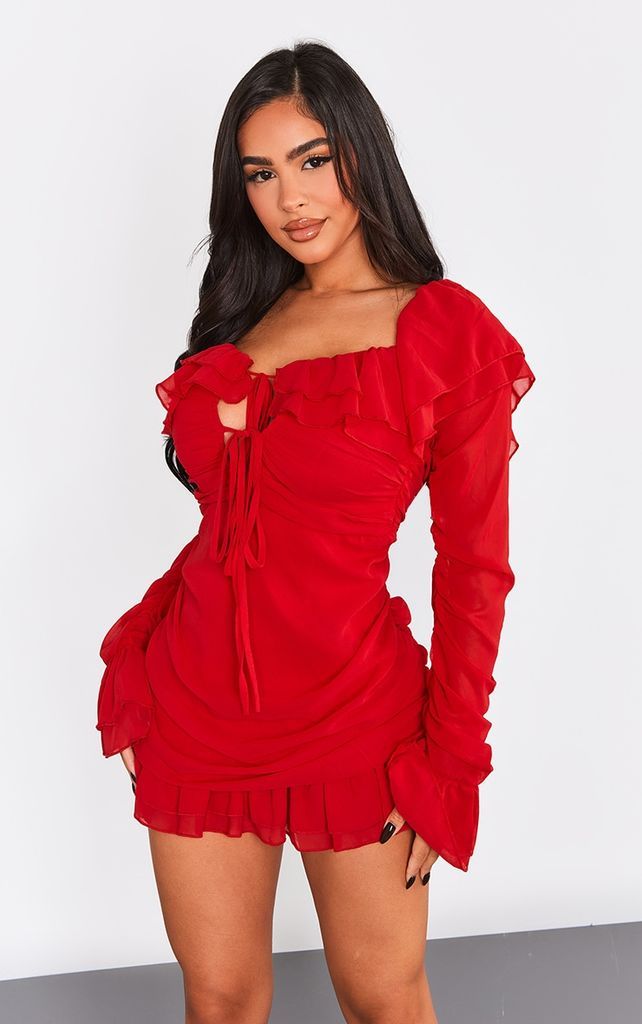 Petite Red Bardot Ruffle Detail Shift Dress, Red