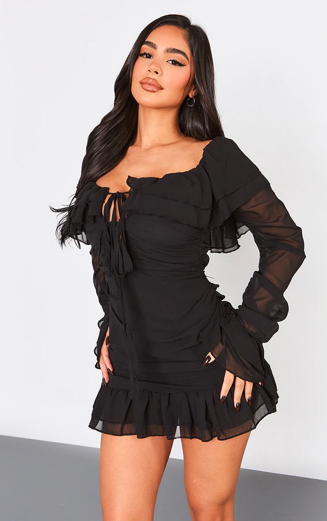 Petite Black Bardot Ruffle Detail Shift Dress, Black