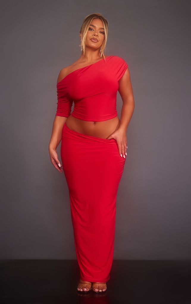 Shape Red Slinky Low Rise Maxi Skirt, Red