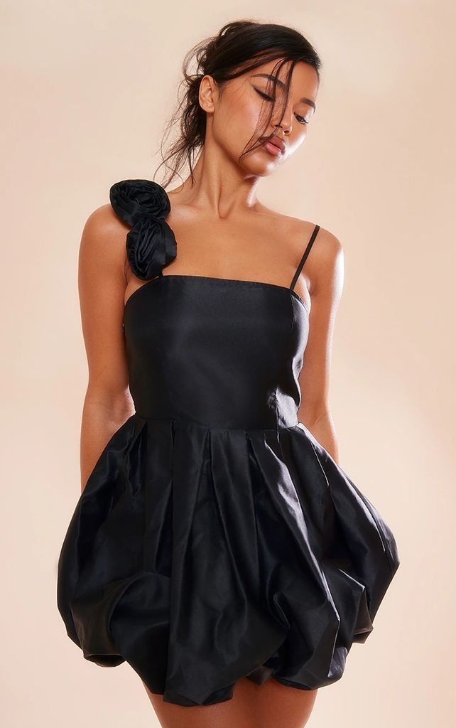Black Rose Applique Detail Strappy Satin Puffball Mini Dress, Black