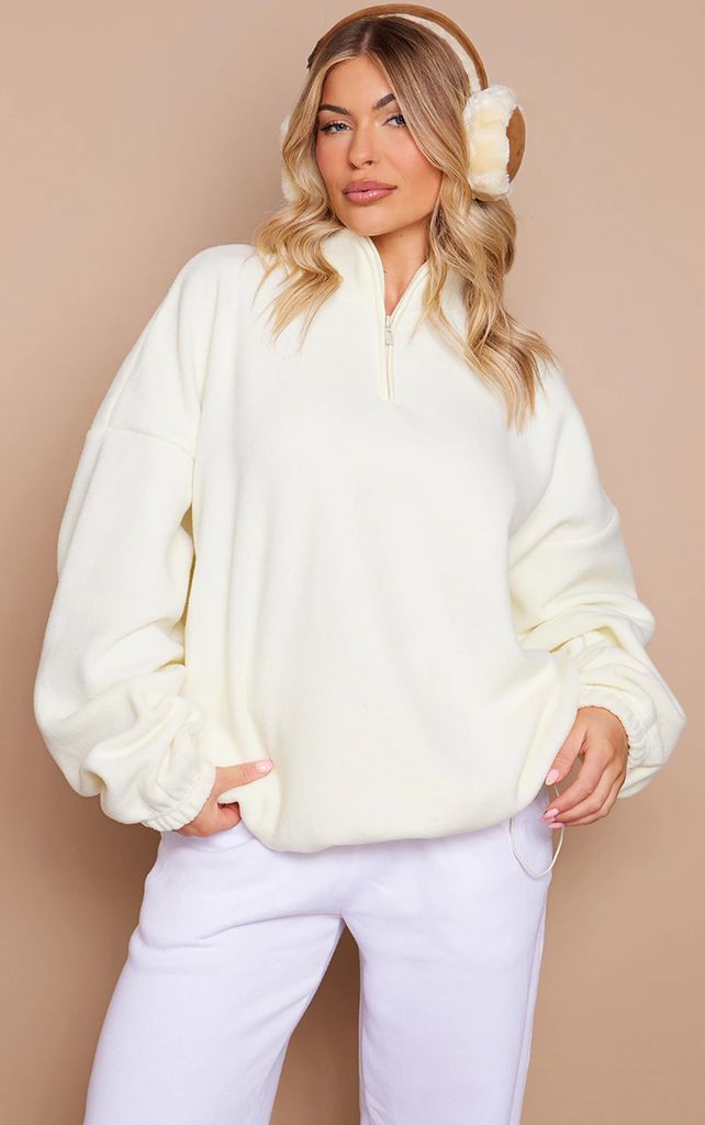 Cream Oversized Fitting Contrast Binding Toggle Fleece, White