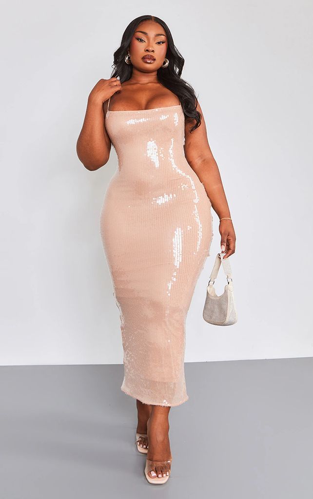 Plus Nude Sequin Strappy Midaxi Dress, Pink