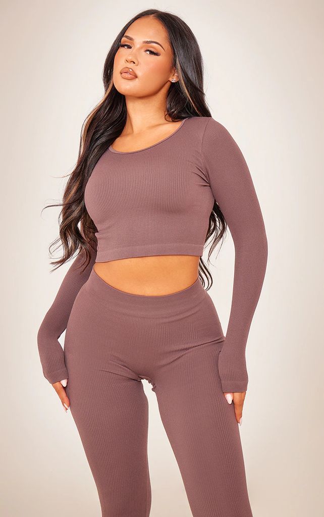 Coffee Structured Contour Ribbed Long Sleeve Crop Top, Coffee