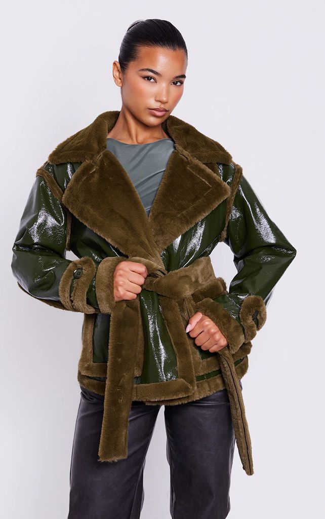 Forest Green Vinyl Faux Fur Lined Belted Coat, Forest Green