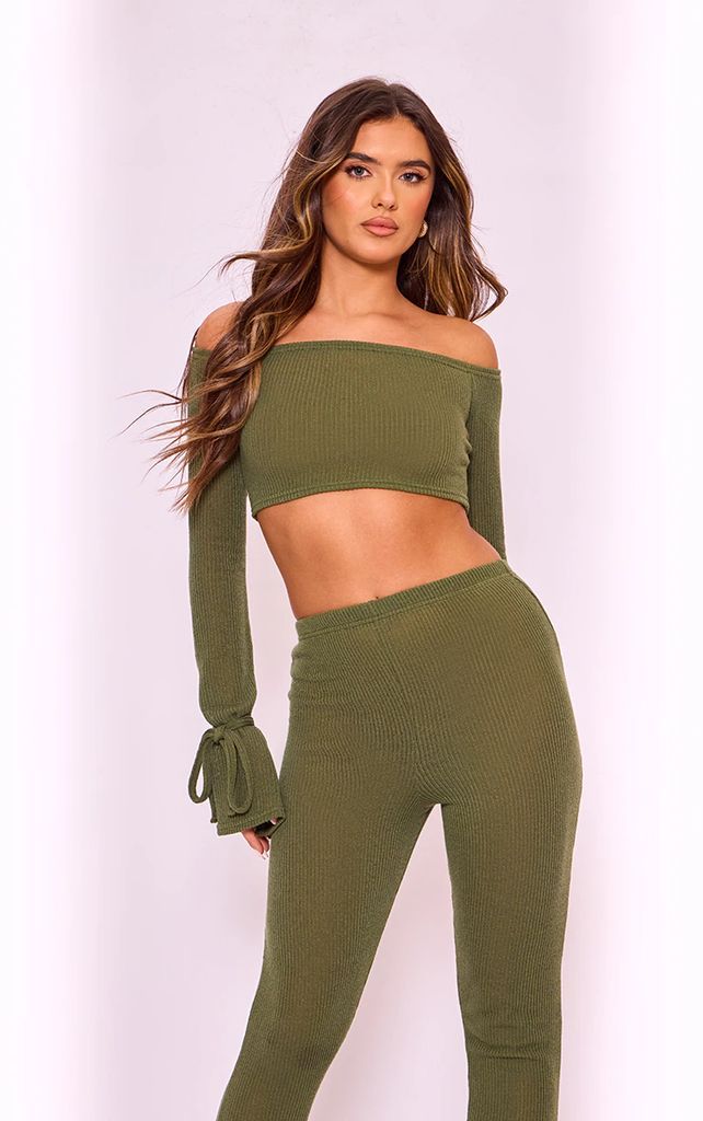Khaki Sheer Soft Rib Bardot Long Sleeve Crop Top, Green