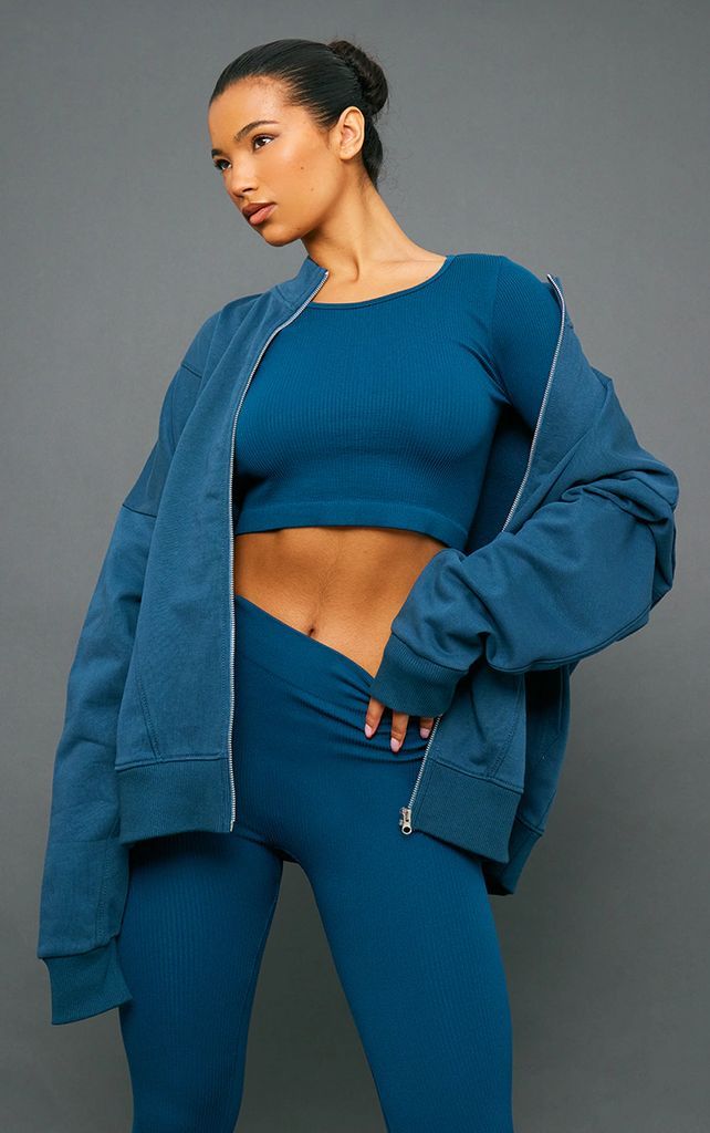 Petrol Structured Contour Ribbed Round Neck Long Sleeve Crop Top, Petrol