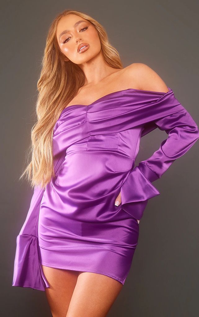 Purple Satin Bardot Ruched Long Sleeve Mini Dress, Purple