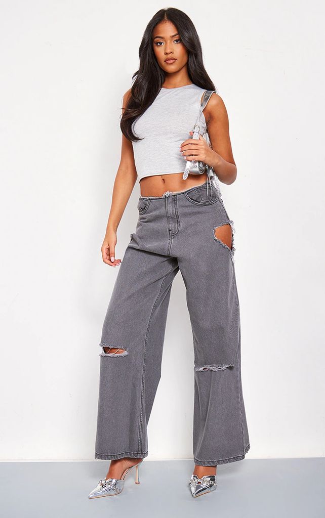 Tall Washed Grey Low Waist Wide Leg Jeans With Fray Waist, Washed Grey