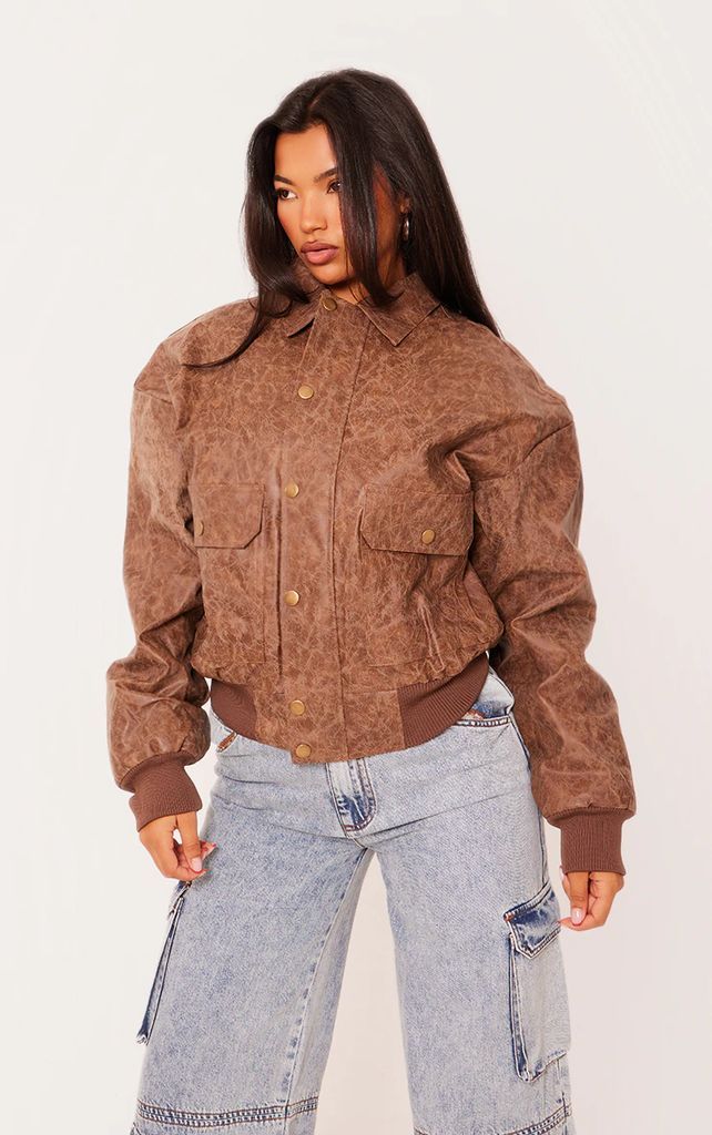 Brown Distressed Faux Leather Oversized Bomber Jacket, Brown