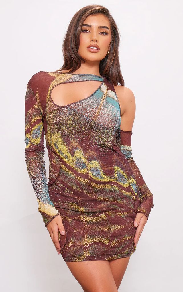 Multi Abstract Print Tie Dye Mesh Double Layer Cut Out Bodycon Dress, Multi