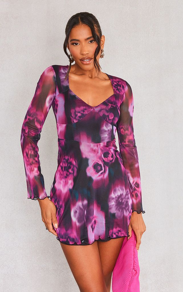 Purple Floral Print Mesh Underbust Detail Shift Dress, Purple